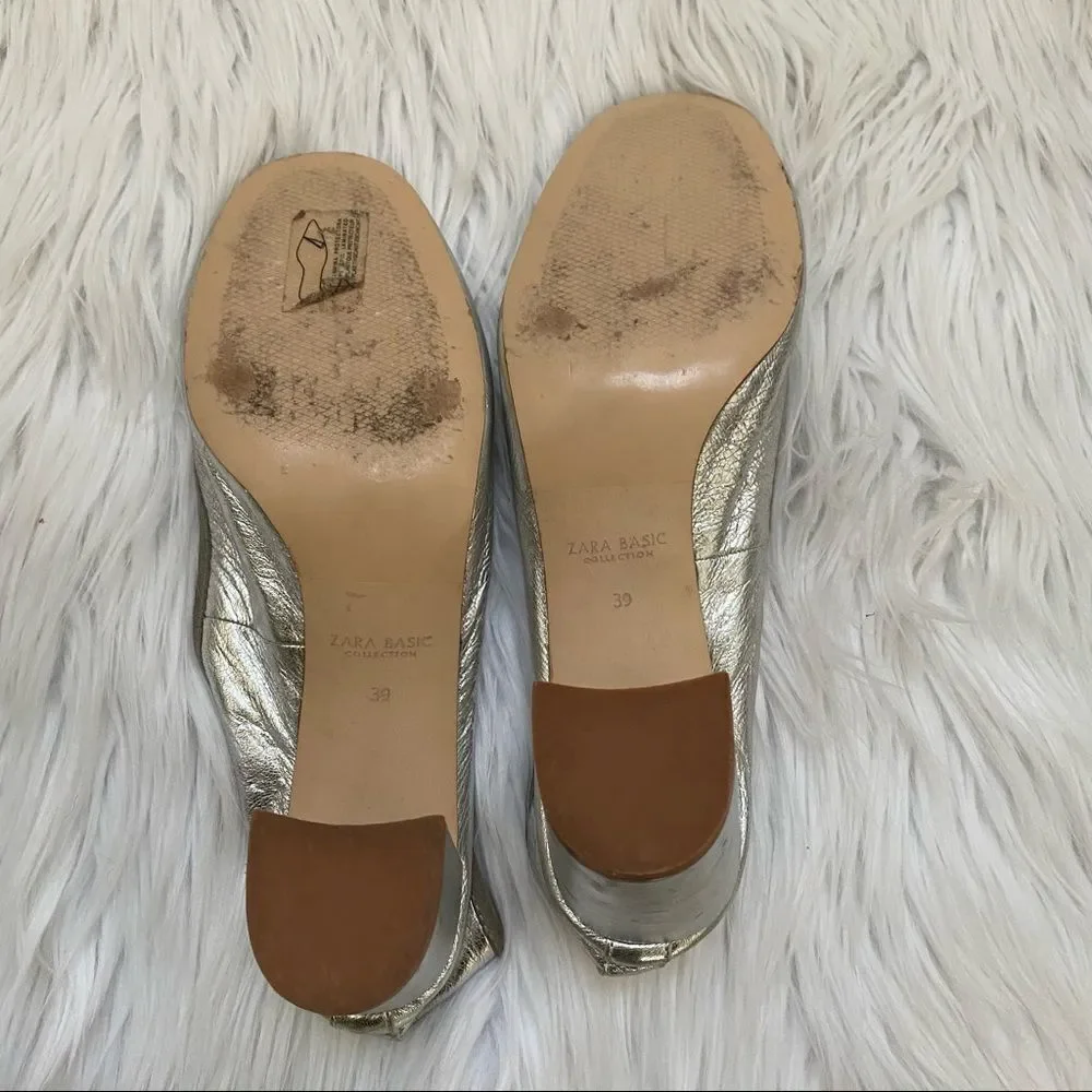 ZARA silver leather ballerina bow detail chunky heel square toe pumps 9